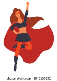 Female character wearing carnival costume of wonder woman. Isolated super hero girl personage with mask and cape, clothing for action game play or halloween celebration. Vector in flat style