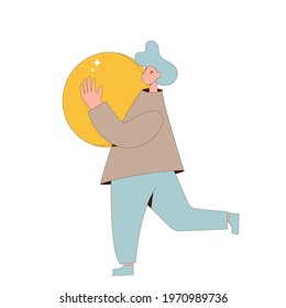 Female character wearing casual clothes with money in her hands isolated on a white background. Young cute woman with coin. Person with income. Vector color line art flat illustration. 