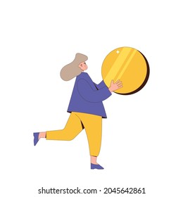 Female character wearing in casual clothes with money in her hands isolated on a white background. Young cute woman witn coin. Person with income. Vector color line art flat illustration. 