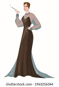 Female character wearing elegant black mesh dress and smoking using pipe and cigarette. Vintage and retro outfit of woman, person with fashionable outlook for 1930s. Movie star vector in flat style