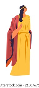 Female character wearing long dress and shawl, isolated woman in toga. Roman and greek ancient fashion and cultural heritage. Lady in traditional outfit for nobility citizens. Vector in flat style