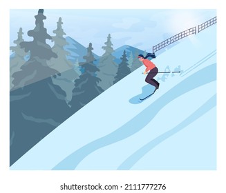 Female character wearing an outerwear skiing. Skiing woman sliding downhill. Winter outdoor activity, ski competition. Flat vector illustration