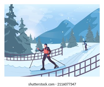 Female character wearing an outerwear skiing. Woman sliding down a ski path. Cross country ski competition. Winter outdoor activity. Flat vector illustration