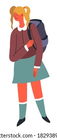 Female character wearing school uniform carrying backpack prepared for lessons. Isolated girl with modest hairstyle studying in college or university. Obtaining knowledge, vector in flat style