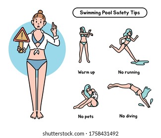 A female character wearing swimsuit is guiding you the rules the pool  hand drawn style vector design illustrations  