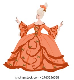 Female character wearing traditional baroque or rococo dress. Isolated noble parsonage wearing wig, woman on reception or ball, nobility or monarchy, royal person in clothes. Vector in flat style