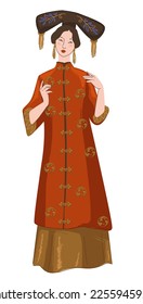 Female character wearing traditional chinese clothes. Isolated woman presenting fashion and stylish outfits of China. Girl in kimono or dress with headwear and fancy hairstyle. Vector in flat style