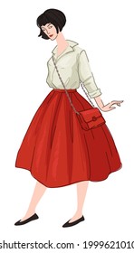 Female character wearing traditional french stylish clothes, lady in long shirt and white shirt with bag. Accessories and clothing of european woman. Beauty and vintage charm. Vector in flat style