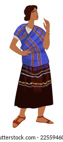 Female character wearing traditional mayan dress with skirt. Isolated woman living in maya period, old civilization, customs and habits. Representation of clothes and suits. Vector in flat style