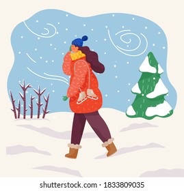Female character wearing warm clothes hat and scarf returning home from skating rink. Blizzard snowfall and harsh wind blowing in forest. Pine tree covered with snow, wintry landscape vector