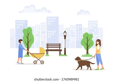 A female character wears a protective medical mask on a walk to protect and prevent viruses, diseases, flu, and air pollution. Young mother with a baby in a stroller. Girl walking a dog in the park.