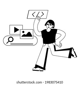 Female character web designer. Coding and programming. Digital profession. Creating mobile app and woman programmer. Outline cartoon illustration. Website development