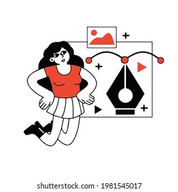 Female character web designer. Website development. Coding and programming. Digital profession. Outline cartoon illustration. Creating mobile app and woman programmer