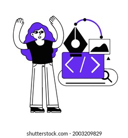 Diseñadora web de personajes femeninos. Desarrollo de sitios web. Codificación y programación. La profesión digital. Creando aplicación móvil y programadora mujer. Ilustración de dibujo