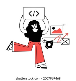 Female character web designer. Website development. Coding and programming. Digital profession. Creating mobile app and woman programmer. Outline cartoon illustration