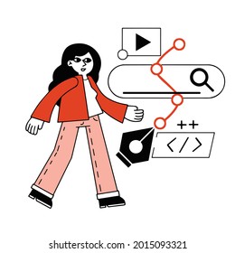 Female character web designer. Website development. Coding and programming. Outline cartoon illustration. Digital profession. Creating mobile app and woman programmer