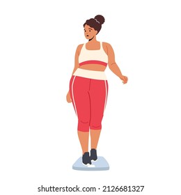 Female Character Weight Loss Concept. Plus Size Fat Woman Wear Sports Suit Stand on Scales Isolated on White Background. Obesity, Unhealthy Lifestyle, Diet Failure. Cartoon People Vector Illustration