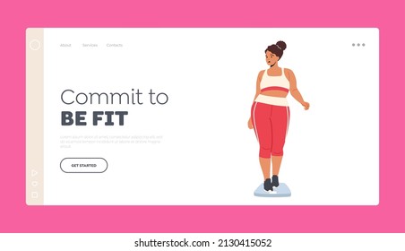 Female Character Weight Loss Concept Landing Page Template. Plus Size Fat Woman Wear Sports Suit Stand on Scales. Obesity, Unhealthy Lifestyle, Diet Failure. Cartoon People Vector Illustration