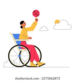 Female Character In Wheelchair Spinning Basketball In Flat Vector Illustration Symbolizing Inclusivity, Sports, And Empowerment, Isolated On White Background