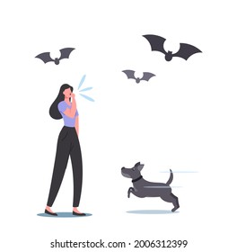 Female Character Whistle Call Dog during Outdoor Walk or Training, Bats and Doggy Listen Ultra Sound Frequency Waves in Nature which Human cant Hear. Cartoon People Vector Illustration svg