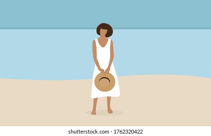 Personaje femenino vestido de blanco y con un sombrero en la playa