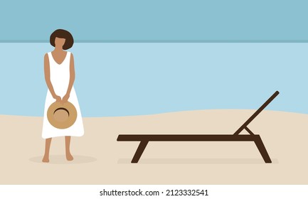 A female character in a white dress and with a hat in her hands stands on the beach near a sun lounger