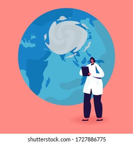 Female Character in White Robe Writing in Clipboard stand at Earth Globe with Cyclone Vortex. Meteorological Investigation, Weather Forecast, Meteorology and Cartography. Cartoon Vector Illustration