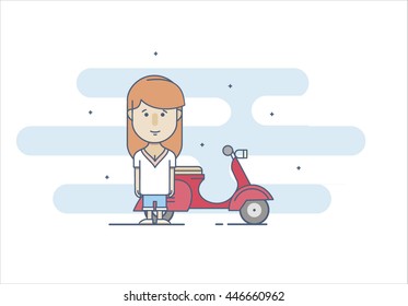 A female character in white shirt with a red scooter in flat style