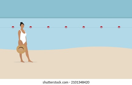 Female character in white swimsuit and hat in hand stands on the beach