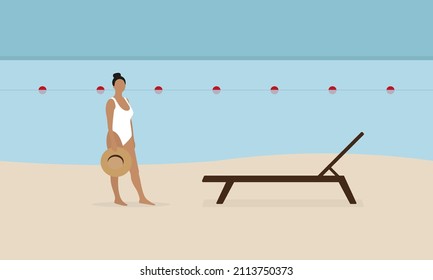 A female character in a white swimsuit and with a hat in her hand is standing on the beach near a sun lounger