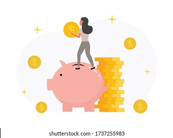 The female character who holds the coin is about to put it in the piggy bank. Financial concepts and saving. Success in investing and safe deposit strategies Vector illustration isolated on white back