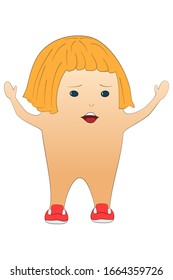 Female character without clothes in a flat style. The girl screams with hands up. Activist protests at a rally. Isolated on a white. Warning of danger, attracting attention.