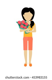 Female character without face with flowers vector in flat design. Woman template personage figure illustration for dating services, womens holiday, birthday concepts, logos. Isolated on white.