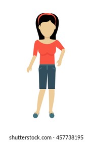 Female character without face in red blouse and shorts vector in flat design. Woman template personage illustration for summer concepts, fashion app, logos, infographic. Isolated on white background.