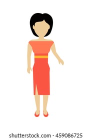 Female character without face in red dress vector in flat design. Woman template personage figure illustration for woman concepts, fashion app, logos, infographic. Isolated on white background.