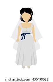 Female character without face in wedding dress vector in flat design. Woman template personage figure illustration for wedding concepts, apps, logos, infographic. Isolated on white background.