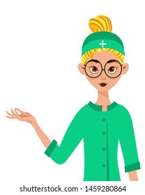 Female character. Woman doctor points to her right hand side. Vector illustration