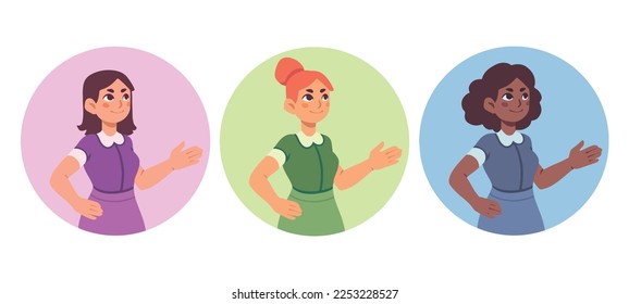 Female character, woman doing a presentation, female guide on website, flat cartoon vector illustration, website icon