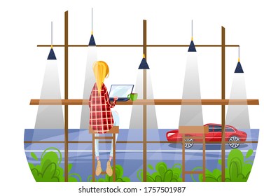 Female character work cozy coffee house, remote workplace woman freelancer designer job in cafe isolated on white, cartoon vector illustration. Professional worker sitting chair, modern workplace.