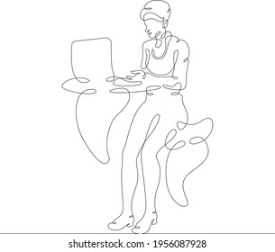 Female character at the work table in the office. Workplace laptop designer programmer manager. One continuous drawing line  logo single hand drawn art doodle isolated minimal illustration.