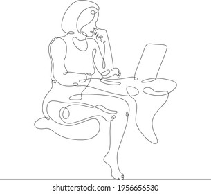 Weibliche Figur am Arbeitstisch im Büro. Arbeitsplatz-Laptop-Designer-Programmierer-Manager. Ein Logo mit durchgehender Zeichnungslinie, einhandgezeichnet, Kunstdoodle einzeln auf minimaler Ebene.