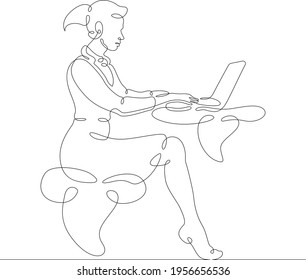 Female character at the work table in the office. Workplace laptop designer programmer manager. One continuous drawing line  logo single hand drawn art doodle isolated minimal illustration.