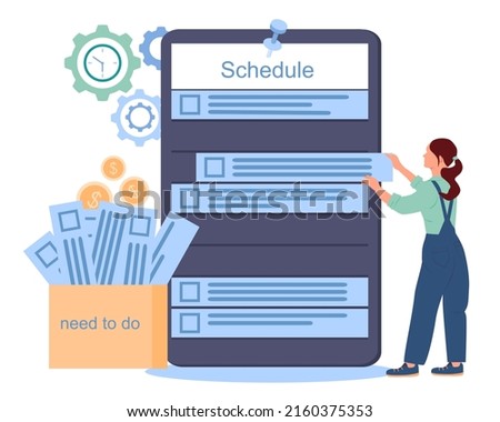 Female character in a work uniform fill out a giant schedule. Girl putting up a sign. Task cards are in the box. Vector illustration in flat style