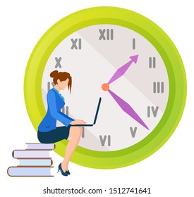 Female character worker vector, lady sitting on books publication looking at laptop screen. Clock with deadline, project management control of work