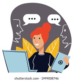 Carácter femenino trabajando por computadora que trata de comunicación comercial y cooperando con clientes y pedidos. Secretario o empleado de oficina con portátil e informe en las manos. Vector de estilo plano