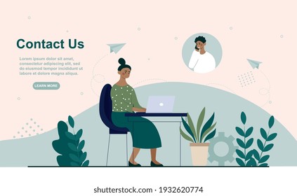 Female character is working in call center. Young woman is sitting with laptop in beautiful interior and working. Contact us. Male character calling with smartphone. Flat cartoon vector illustration