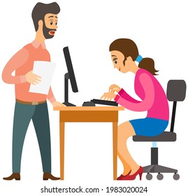 Female character working at computer and doing tasks to finish on time. Boss is talking to employee to complete assignment defore deadline. Director communicating with subordinate during work