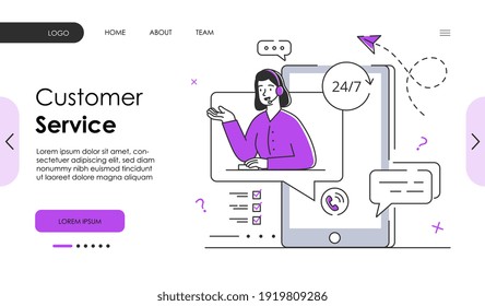 Female character is working in customer service. Concept of round the clock customer service helpline. Website, web page, landing page template. Flat cartoon vector illustration