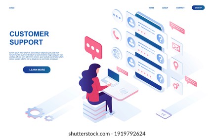 Female character is working in customer support center. Concept of consultant on hotline, helpdesk talking. Website, web page, landing page template. Isometric cartoon vector illustration