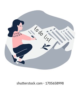 Personaje femenino trabajando con Lista de tareas pendientes. Planificación mensual, lista de tareas, gestión del tiempo, gestión de proyectos. Plan cumplido, tarea completada. Ilustración vectorial de corte en estilo plano